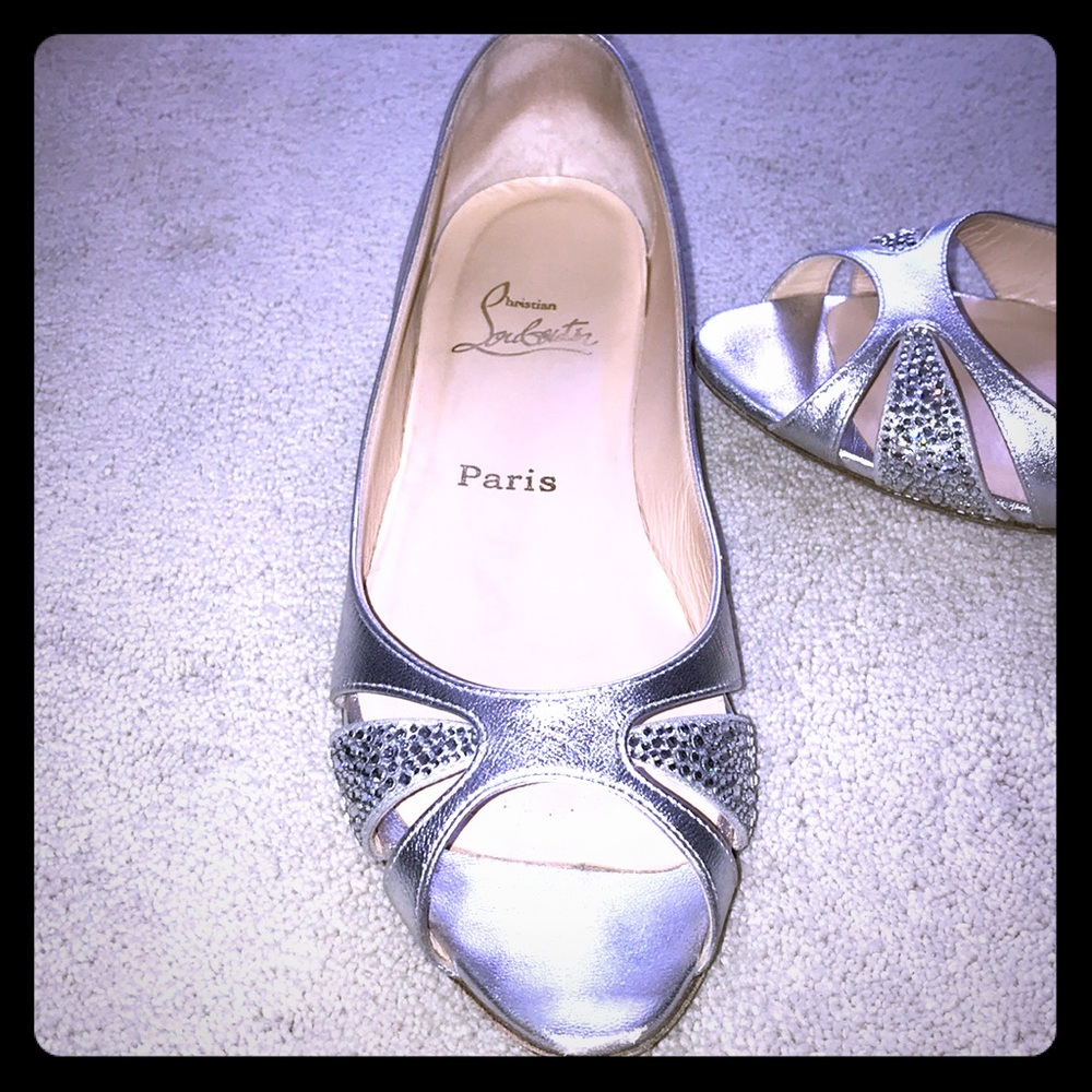 Christian Louboutin silver crystal peep toe flats